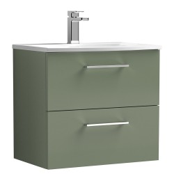 Arno 600mm Wall Hung 2 Drawer Vanity Unit with Curved Basin - Satin Green