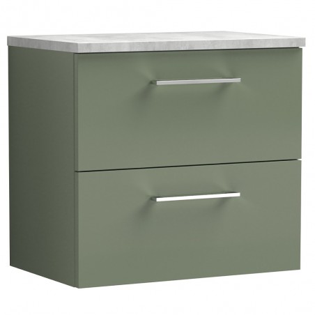 Arno 600mm Wall Hung 2 Drawer Vanity Unit with Laminate Top - Satin Green