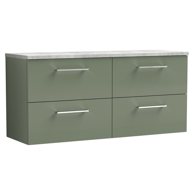 Arno 1200mm Wall Hung 4 Drawer Vanity Unit & Laminate Worktop - Satin Green/Bellato Grey Arno 1200mm Wall Hung 4 Drawer Vanity Unit & Laminate Worktop - Satin Green/Bellato Grey