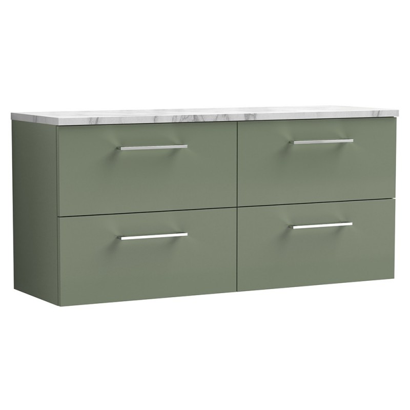 Arno 1200mm Wall Hung 4 Drawer Vanity Unit & Laminate Worktop - Satin Green/Carrera Marble Arno 1200mm Wall Hung 4 Drawer Vanity Unit & Laminate Worktop - Satin Green/Carrera Marble