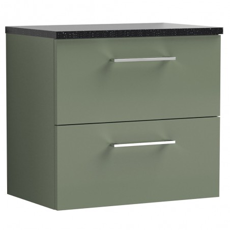 Arno 600mm Wall Hung 2 Drawer Vanity Unit with Laminate Top - Satin Green