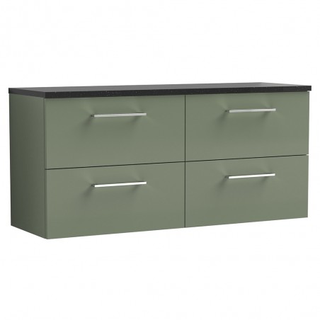 Arno 1200mm Wall Hung 4 Drawer Vanity Unit & Laminate Worktop - Satin Green/Sparkle Black