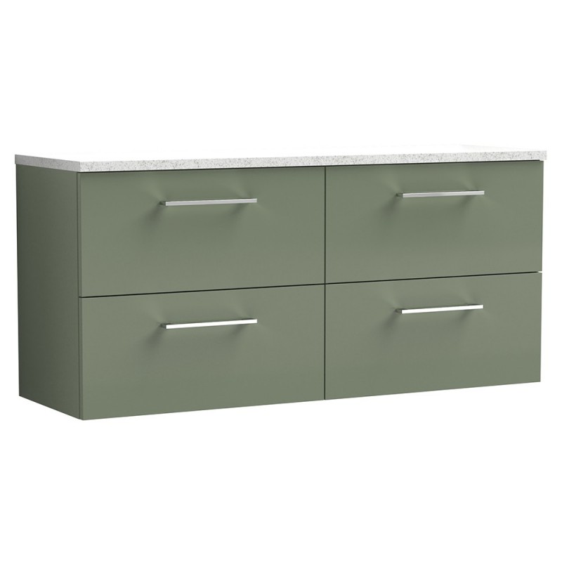 Arno 1200mm Wall Hung 4 Drawer Vanity Unit & Laminate Worktop - Satin Green/Sparkle White Arno 1200mm Wall Hung 4 Drawer Vanity Unit & Laminate Worktop - Satin Green/Sparkle White