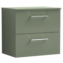 Arno 600mm Wall Hung 2 Drawer Vanity Unit with Worktop - Satin Green
