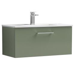 Arno 800mm Wall Hung Single Drawer Vanity Unit with Minimalist Basin - Satin Green