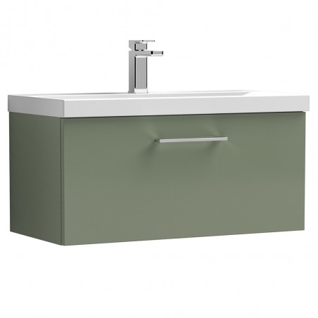 Arno 800mm Wall Hung Single Drawer Vanity Unit with Thin-Edge Basin - Satin Green