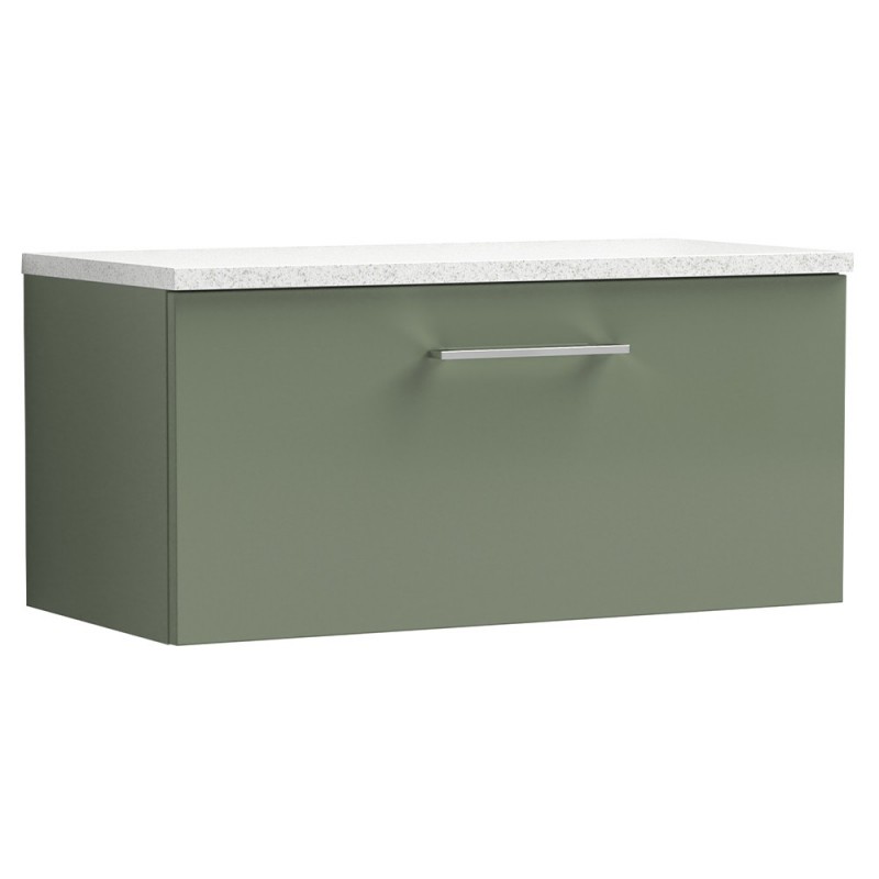 Arno 800mm Wall Hung Single Drawer Vanity Unit with Laminate Top - Satin Green Arno 800mm Wall Hung Single Drawer Vanity Unit with Laminate Top - Satin Green