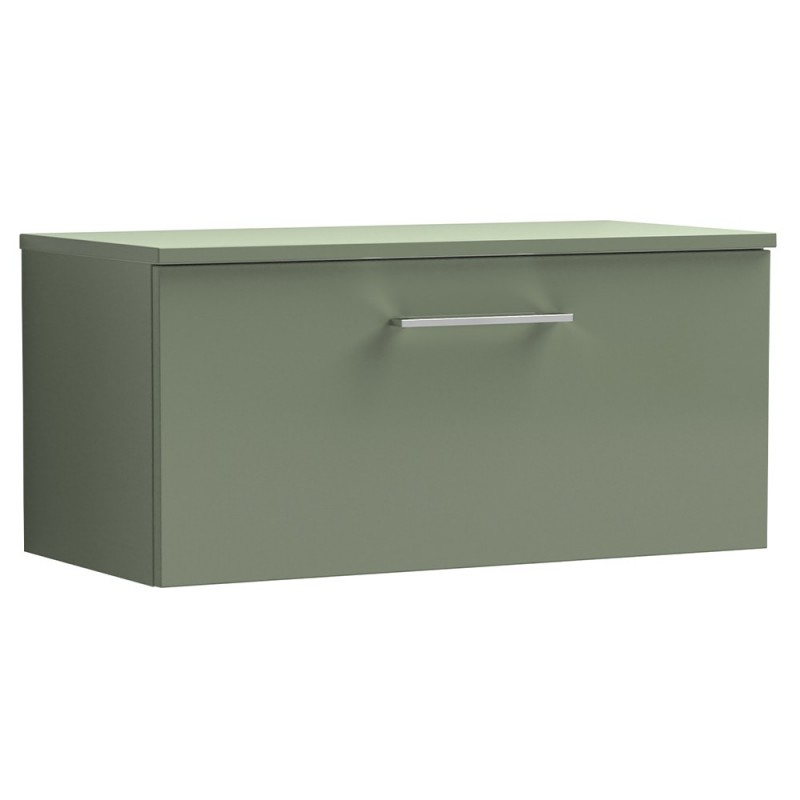 Arno 800mm Wall Hung Single Drawer Vanity Unit with Worktop - Satin Green Arno 800mm Wall Hung Single Drawer Vanity Unit with Worktop - Satin Green