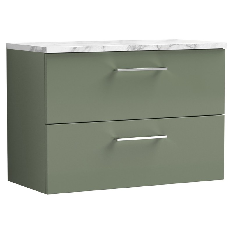Arno 800mm Wall Hung 2 Drawer Vanity Unit & Laminate Worktop - Satin Green/Carrera Marble Arno 800mm Wall Hung 2 Drawer Vanity Unit & Laminate Worktop - Satin Green/Carrera Marble