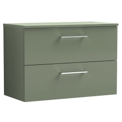 Arno 800mm Wall Hung 2 Drawer Vanity Unit with Worktop - Satin Green