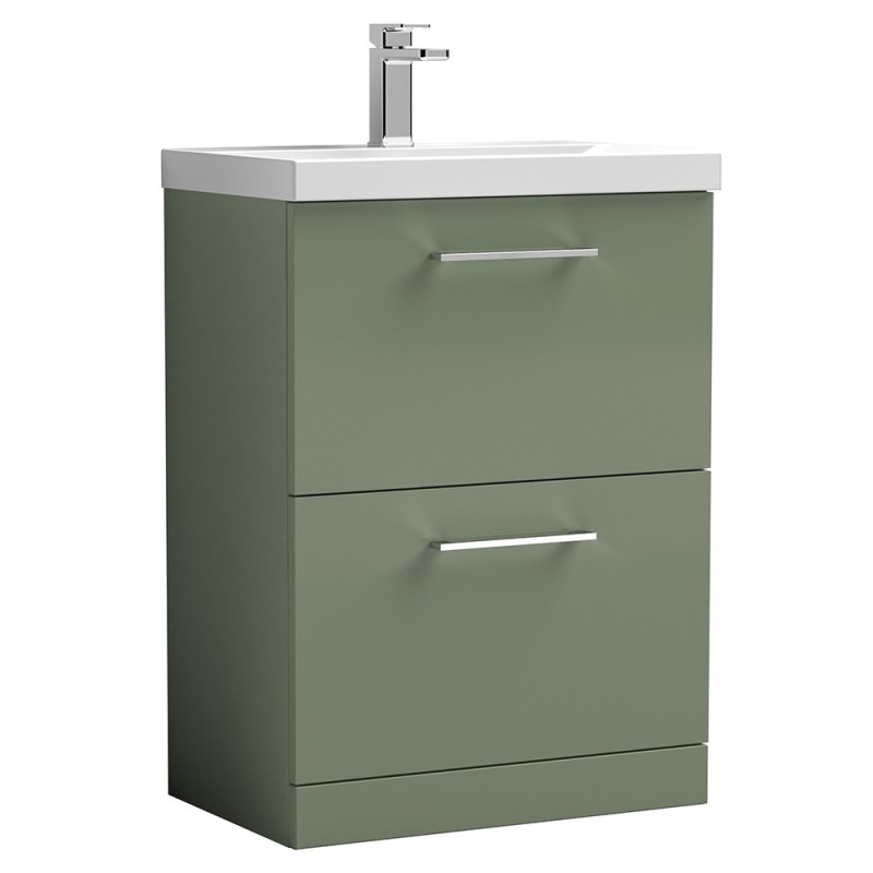 Arno 600mm Freestanding 2 Drawer Vanity Unit with Mid-Edge Basin - Satin Green Arno 600mm Freestanding 2 Drawer Vanity Unit with Mid-Edge Basin - Satin Green