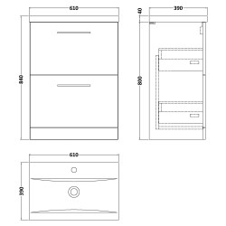 Arno 600mm Freestanding 2 Drawer Vanity Unit with Mid-Edge Basin - Satin Green - Technical Drawing