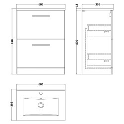 Arno 600mm Freestanding 2 Drawer Vanity Unit with Minimalist Basin - Satin Green - Technical Drawing