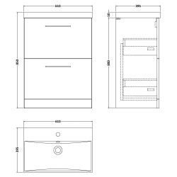 Arno 600mm Freestanding 2 Drawer Vanity Unit with Thin-Edge Basin - Satin Green - Technical Drawing
