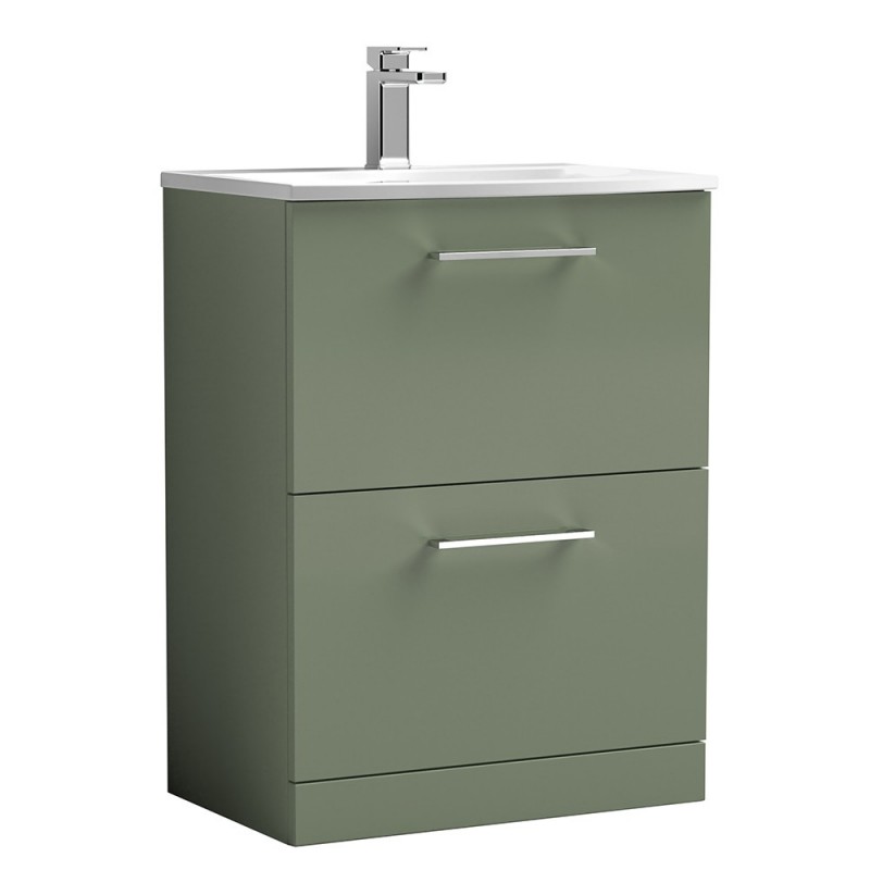 Arno 600mm Freestanding 2 Drawer Vanity Unit with Curved Basin - Satin Green Arno 600mm Freestanding 2 Drawer Vanity Unit with Curved Basin - Satin Green