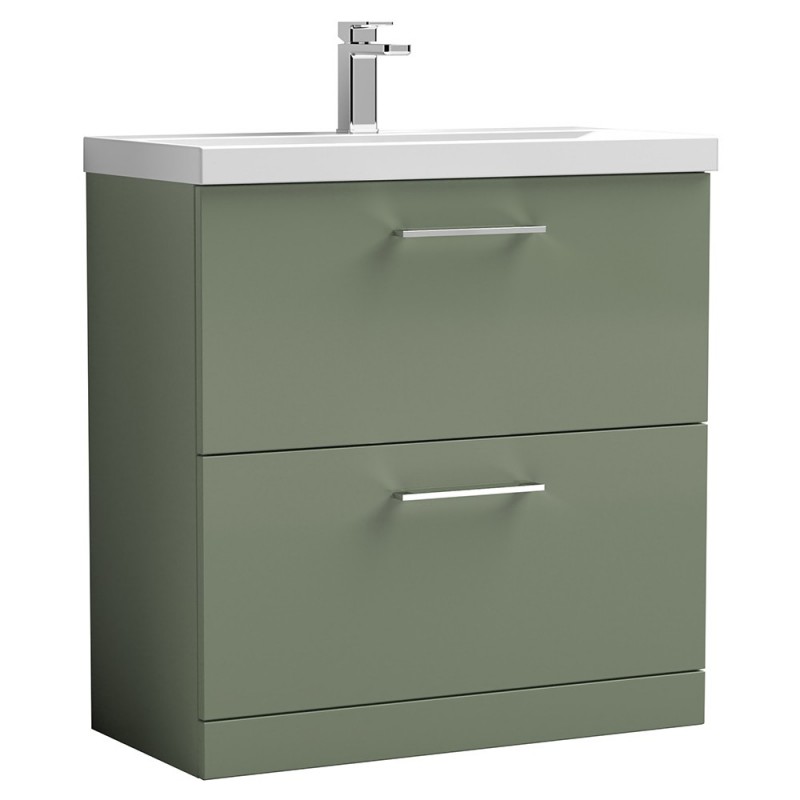 Arno 800mm Freestanding 2 Drawer Vanity Unit with Thin-Edge Basin - Satin Green Arno 800mm Freestanding 2 Drawer Vanity Unit with Thin-Edge Basin - Satin Green