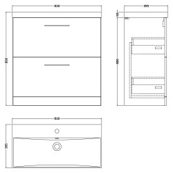 Arno 800mm Freestanding 2 Drawer Vanity Unit with Thin-Edge Basin - Satin Green - Technical Drawing