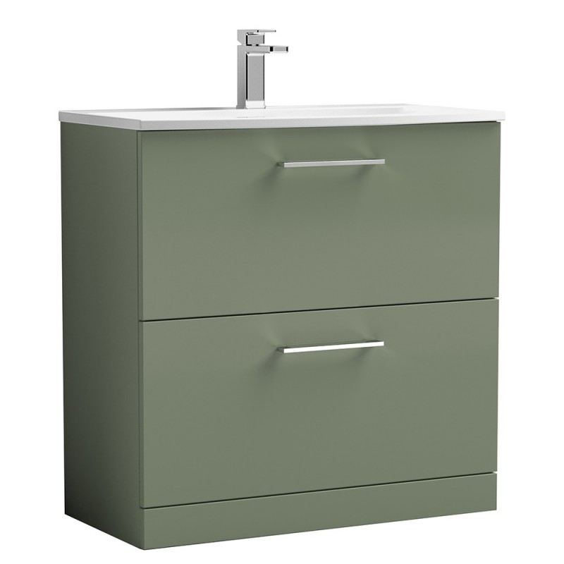 Arno 800mm Freestanding 2 Drawer Vanity Unit with Curved Basin - Satin Green Arno 800mm Freestanding 2 Drawer Vanity Unit with Curved Basin - Satin Green