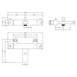 Arvan Wall Mounted Thermostatic Bath Shower Mixer - Chrome - Technical Drawing