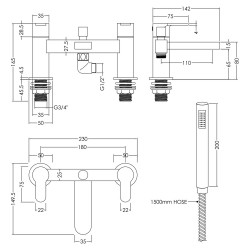 Arvan Deck Mounted Bath Shower Mixer With Kit - Chrome - Technical Drawing