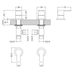 Arvan 3/4" Side Valves - Chrome - Technical Drawing