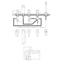 Arvan Deck Mounted 5 Tap Hole Bath Shower Mixer - Chrome - Technical Drawing