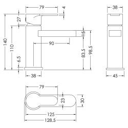 Arvan Mini Basin Mixer With Push Button Waste - Chrome - Technical Drawing