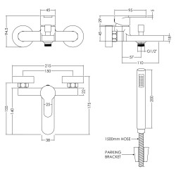 Arvan Wall Mounted Bath Shower Mixer With Kit - Chrome - Technical Drawing