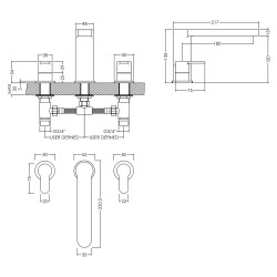 Arvan Deck Mounted 3 Tap Hole Bath Filler - Chrome - Technical Drawing
