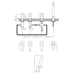 Arvan Deck Mounted 4 Tap Hole Bath Shower Mixer No Spout - Chrome - Technical Drawing