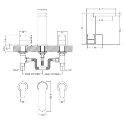 Arvan Deck Mounted 3 Tap Hole Basin Mixer With Pop Up Waste - Chrome - Technical Drawing