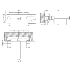 Arvan Wall Mounted 3 Tap Hole Basin Mixer With Plate - Chrome - Technical Drawing