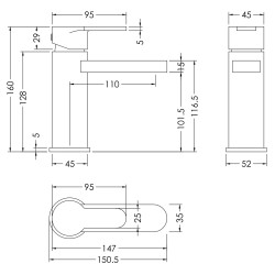 Arvan Mono Basin Mixer With Push Button Waste - Matt Black - Technical Drawing