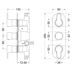 Arvan Triple Thermostatic Valve - Brushed Pewter - Technical Drawing
