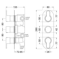 Arvan Triple Thermostatic Valve With Diverter - Brushed Pewter - Technical Drawing