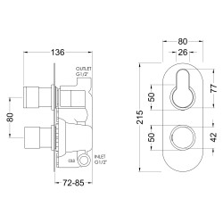 Arvan Twin Thermostatic Valve - Brushed Pewter - Technical Drawing