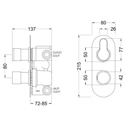Arvan Twin Thermostatic Valve With Diverter - Brushed Pewter - Technical Drawing