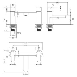 Arvan Deck Mounted Bath Filler - Brushed Brass - Technical Drawing