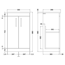 Athena 500mm Freestanding Cabinet & Worktop - Anthracite Woodgrain - Technical Drawing