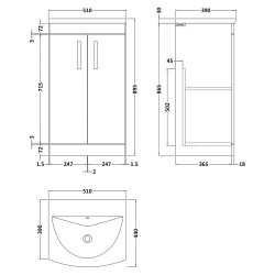 Athena 500mm Freestanding Vanity With Curved Basin - Charcoal Black Woodgrain - Technical Drawing