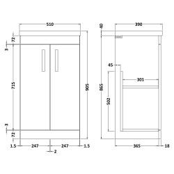 Athena 500mm Freestanding Cabinet & Mid-Edge Basin 2 Doors - Gloss White - Technical Drawing