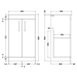 Athena 500mm Freestanding Cabinet & Minimalist Basin 2 Doors - Gloss White - Technical Drawing