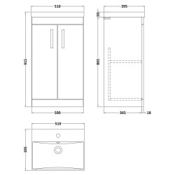 Athena 500mm Freestanding Vanity With Thin-Edge Basin - Gloss White - Technical Drawing