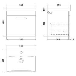 Athena 500mm Wall Hung Vanity & Thin Edge Basin - Anthracite Woodgrain - Technical Drawing