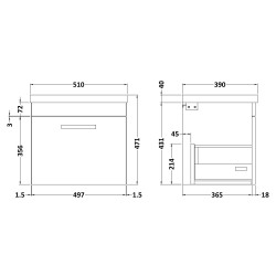 Athena 500mm Wall Hung Cabinet & Mid-Edge Basin - Charcoal Black Woodgrain - Technical Drawing