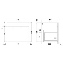 Athena 500mm Wall Hung Cabinet & Minimalist Basin - Charcoal Black Woodgrain - Technical Drawing