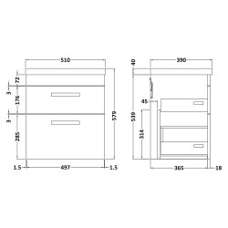 Athena 500mm Wall Hung Cabinet & Mid-Edge Basin - Anthracite Woodgrain - Technical Drawing
