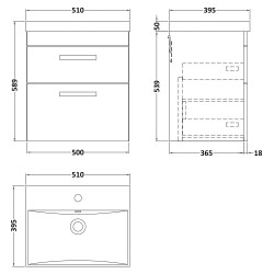 Athena 500mm Wall Hung Vanity & Thin-Edge Basin - Gloss White - Technical Drawing