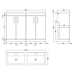 Athena 1200mm Freestanding Cabinet & Twin Polymarble Basin - Anthracite Woodgrain - Technical Drawing