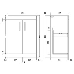 Athena 600mm Freestanding Cabinet & Worktop - Charcoal Black Woodgrain - Technical Drawing